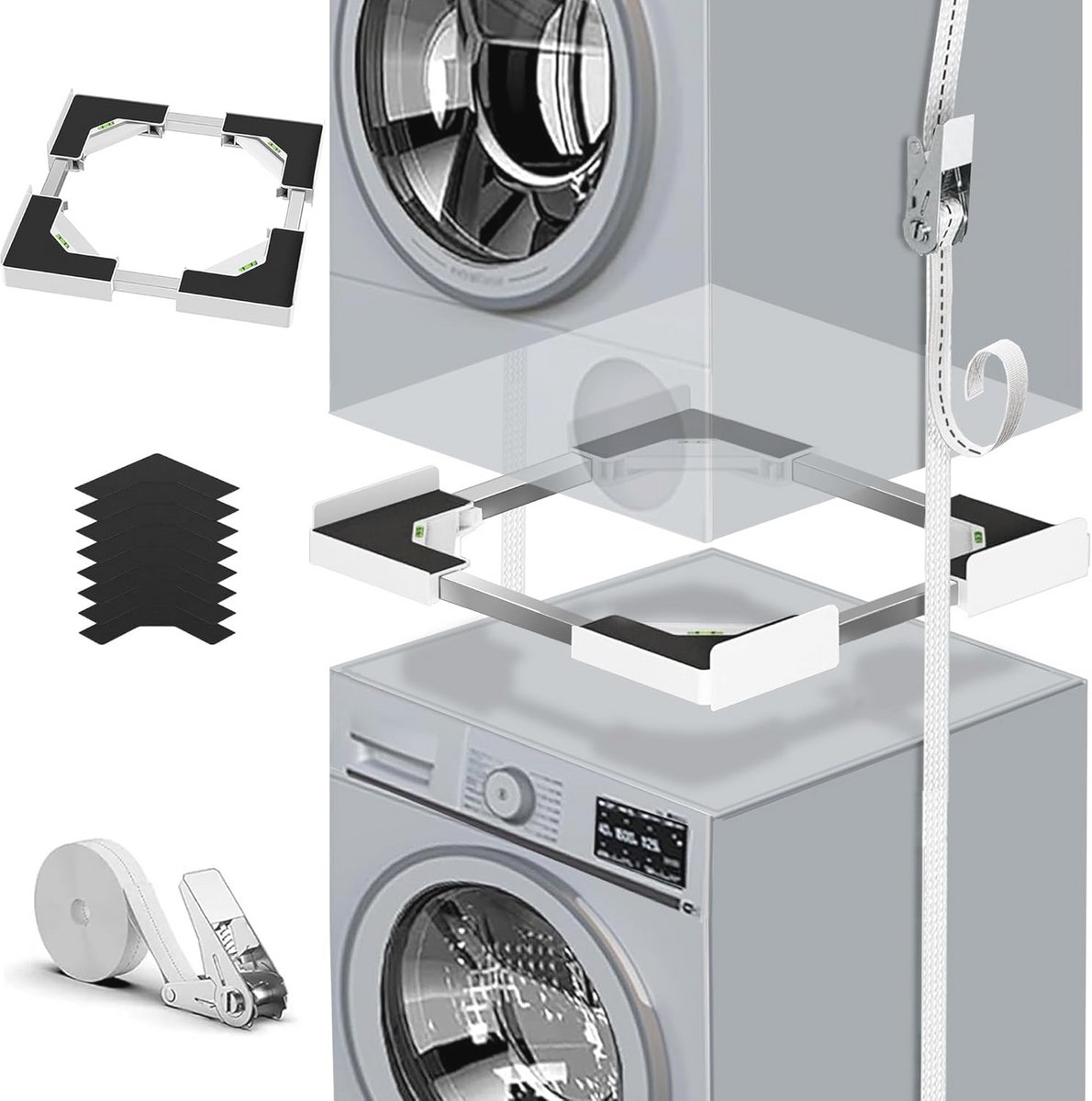 Universele stapelset voor wasmachine en droger met diepteverstelling en antislippads