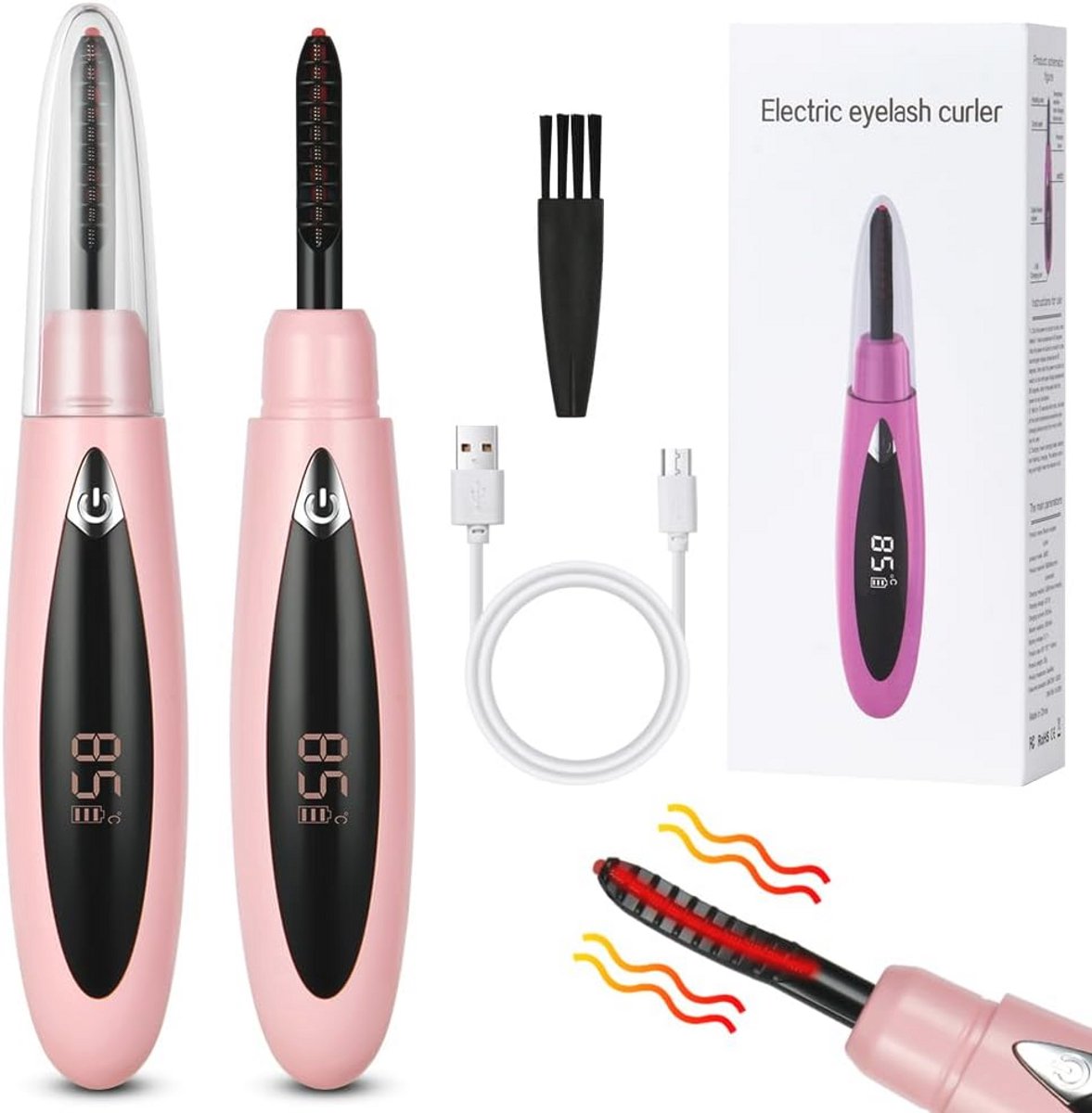 Elektrische verwarmde wimperkruller met 3 temperatuurmodi en siliconen pad - roze