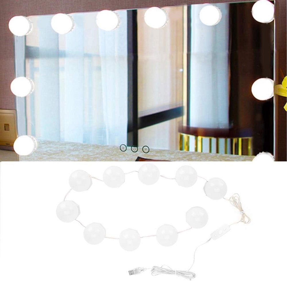 Dimbaar LED Make-up Spiegelverlichting met 10 Lampen - USB Aangedreven Verlichting voor Binnen
