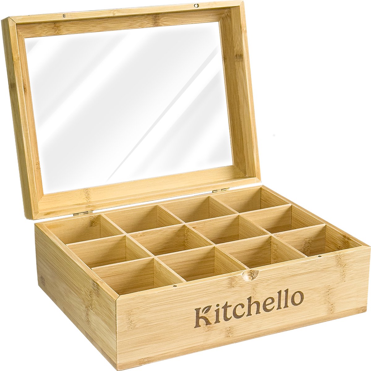 Theedoos 12 vakken - Bamboe - Houten Theedoos met Plexiglas - Magneetsluiting - Kitchello
