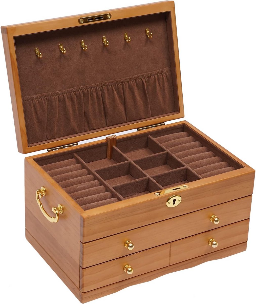 Houten Sieradendoos met 3 Lagen en Slot voor Dames