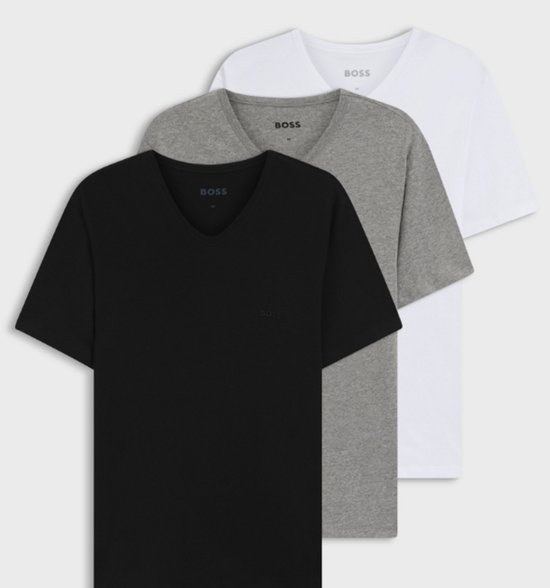 Drie BOSS T-shirts met V-hals: zwart, grijs en wit. Allen met een subtiel BOSS logo op de borst.