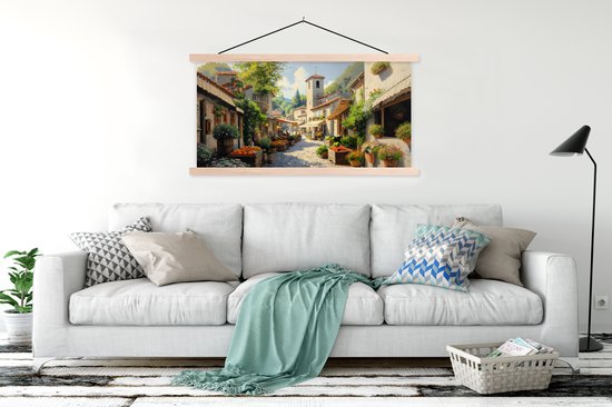 Posterhanger incl. Poster 120x60 cm - Schoolplaat - Dorp - Zon - Kraampjes - Huizen - Textielposter - Blanke latten
