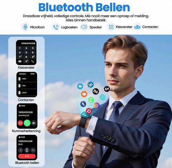 Man in pak die smartwatch gebruikt voor bellen en social media. Toont nummerherkenning en contacten.