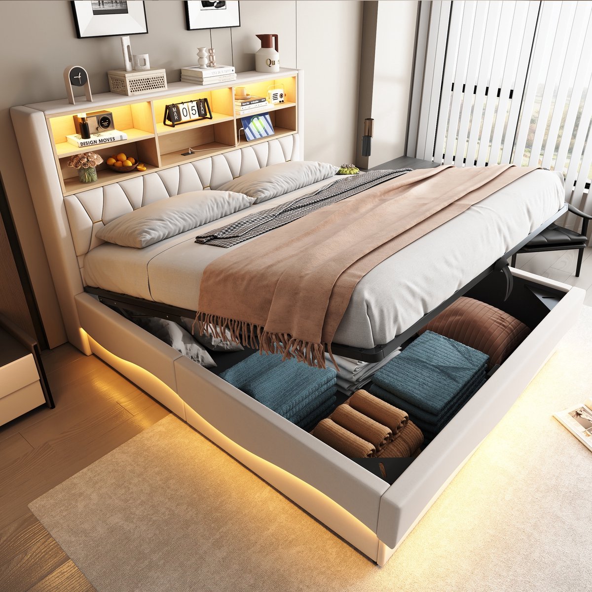 Sweiko Gestoffeerd bed - 180×200 cm - Opbergruimte - LED-verlichting - USB-poorten - Linnen - Beige