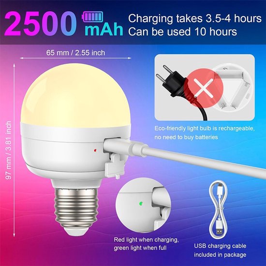 E27 Oplaadbare LED Lamp 7W met Afstandsbediening & Timer - Magnetische Dimbare Lamp met USB-C Opladen, 2500mAh Batterij, 3 Kleurtemperaturen - Draadloze Noodverlichting voor Binnen & Buiten — afbeelding 5