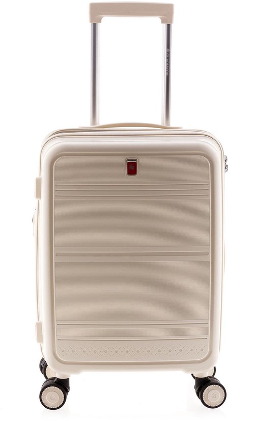 Witte koffer met horizontale ribbels en een decoratieve rand aan de onderkant.