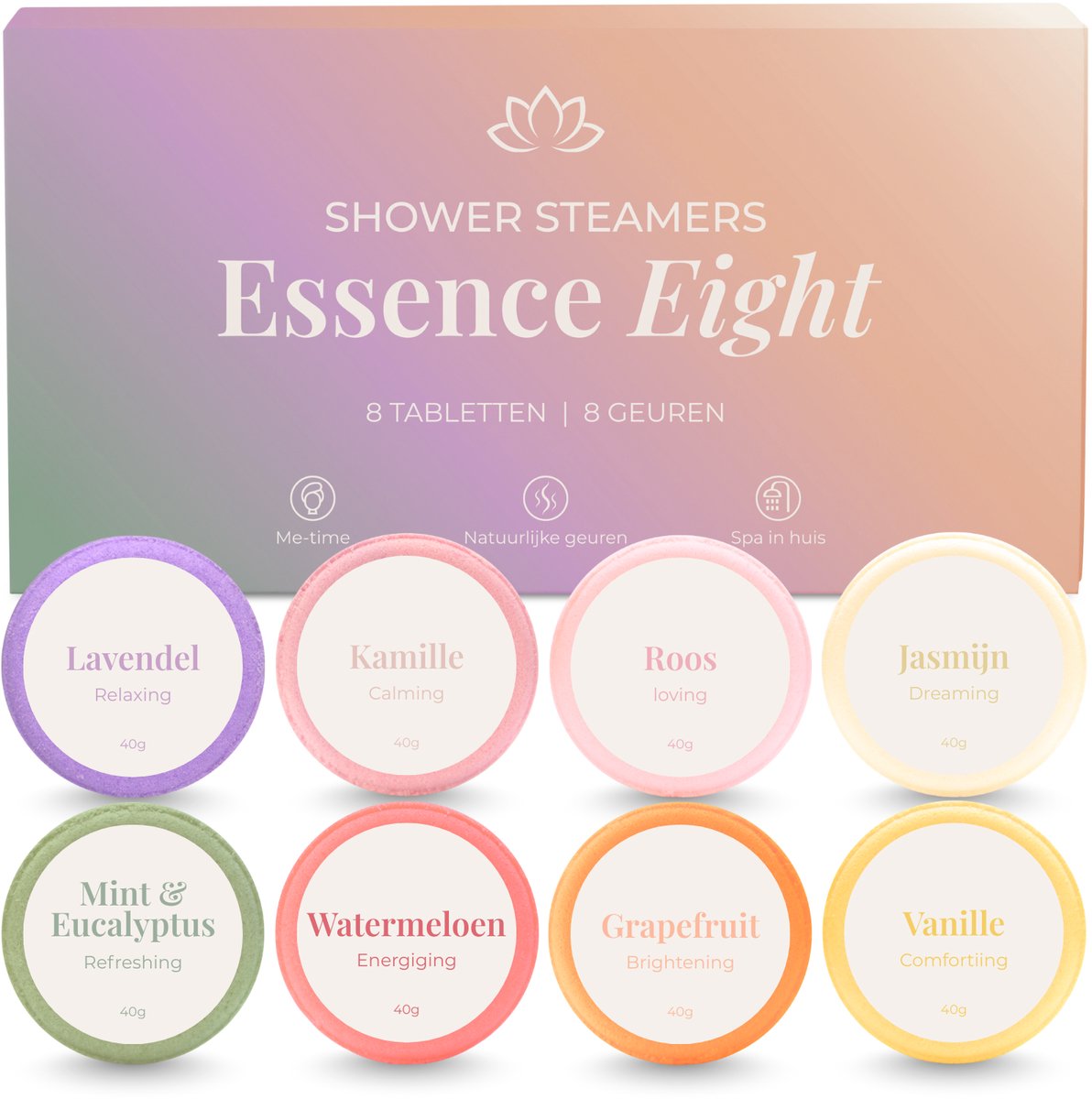 JT Products Shower Steamers Essence Eight - 8 Geuren / Tabletten - Douche Steamer Bomb - Stoomtabletten - Douchebommen Bruisbal - Thuis Wellness Aroma - Bruisballen Tablet Geur Verspreider - Home Spa - Geurverspreider - Aromatherapie - Cadeau Vrouw