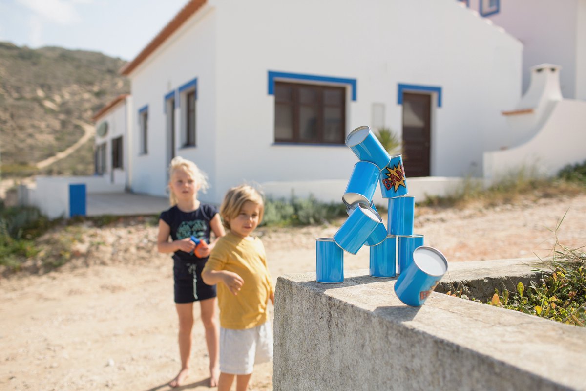 BS Toys Blikgooien Werpspel - Pittenzak Gooien - Kinderspeelgoed vanaf 3 Jaar - Buitenspeelgoed - 10 Blikken - Blauw - Spelletjes voor kinderen - Buiten speelgoed - Buitenspel - Buiten Spellen - Tuin Speelgoed - Cadeau kind — afbeelding 5