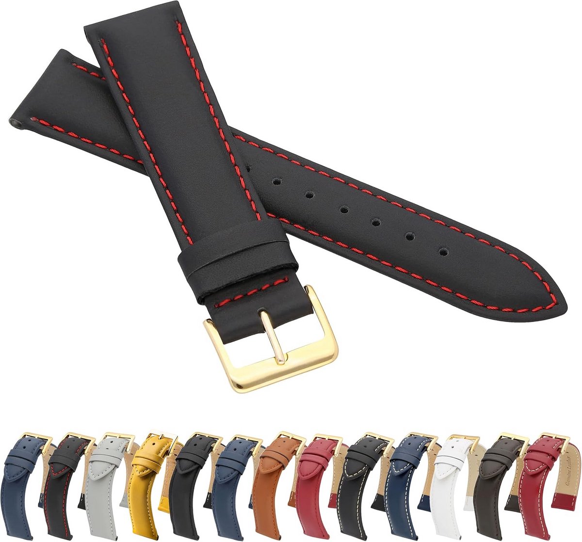 Leren Horlogeband 19mm Glad Leer Blauw-Wit met Gouden Sluiting