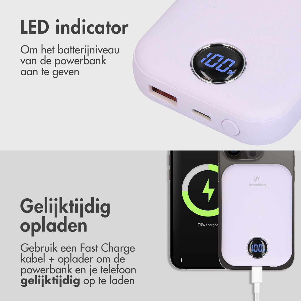Imoshion Powerbank 10000 mAh Draadloos Lila - afbeelding 3