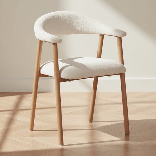 Dimehouse Chaise de Salle à Manger Japandi Beige Bouclé Suki - Cadre Aspect Chêne - Met Accoudoir - Tissu - Japandi
