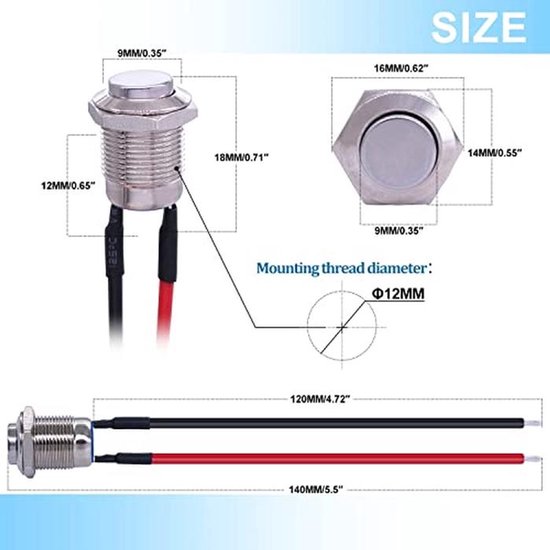 Momentane waterdichte knop 12 mm - Roestvrij staal, voorbedraad, 2A/12V/24V/125V/250V — afbeelding 3