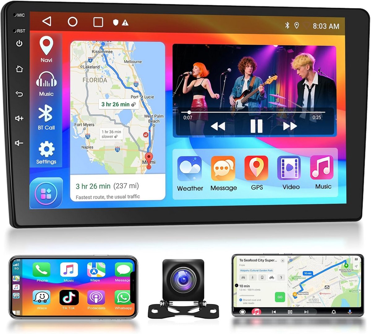 Draadloze Autoradio met 9'' HD Touchscreen, Android Auto, GPS, Bluetooth en Achteruitrijcamera