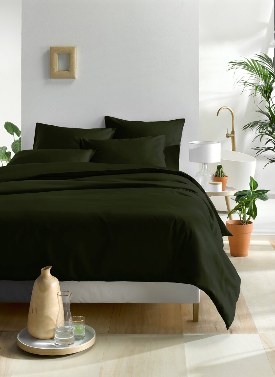 De Witte Lietaer Dekbedovertrek Olivia Kahki - 200 x 200 cm - Donkergroen - Katoen Satijn