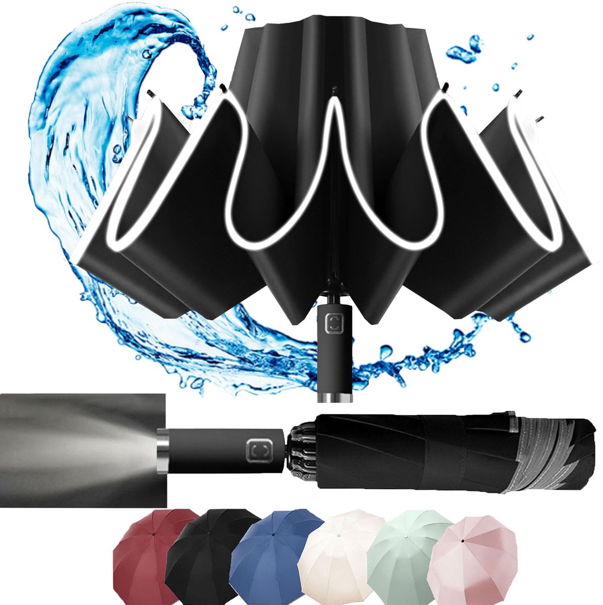 IMPERATORIS® Paraplu met LED-verlichting en reflectoren - Stormparaplu - Opvouwbaar - Windbestendig - Compact Formaat - Voor Heren en Dames - 105 cm - Zwart