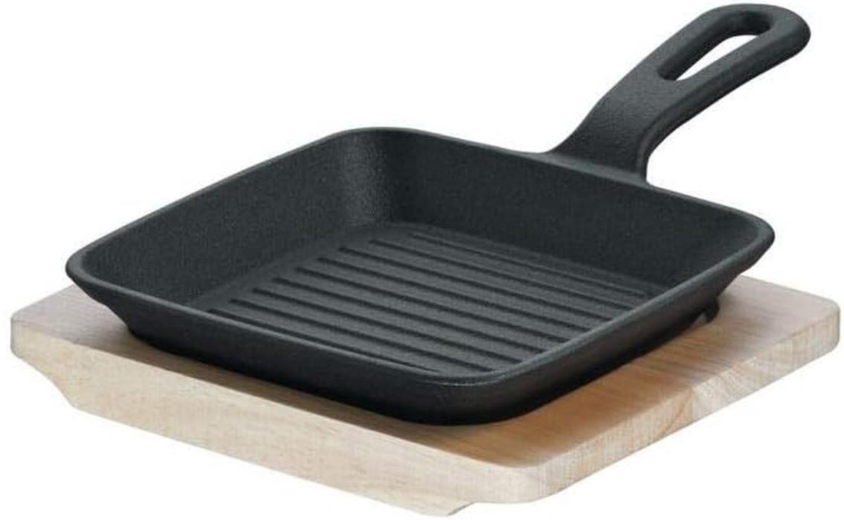 Mini Grillpan met Servierplank - Gietijzer, 13x13 cm - Voor Inductie en Keramische Kookplaten