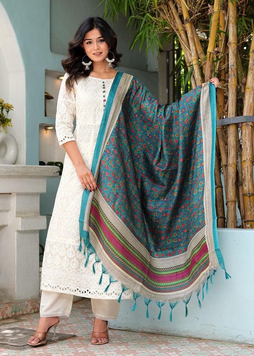 Dames Kurta Broek Set met Dupatta Rechte Kurta met Zijde Chanderi Digitale Print