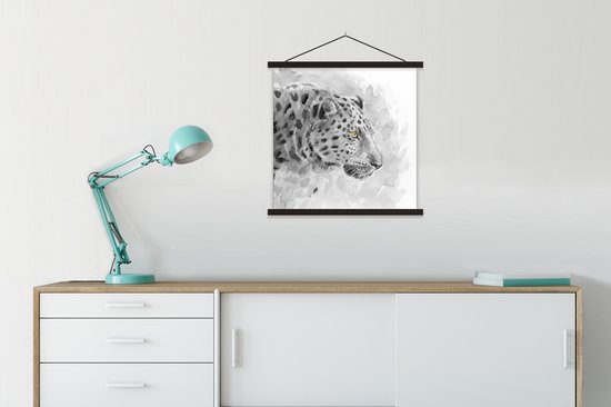 Posterhanger incl. Poster 60x60 cm - Schoolplaat - Luipaard - Geel - Waterverf - Textielposter - Zwarte latten