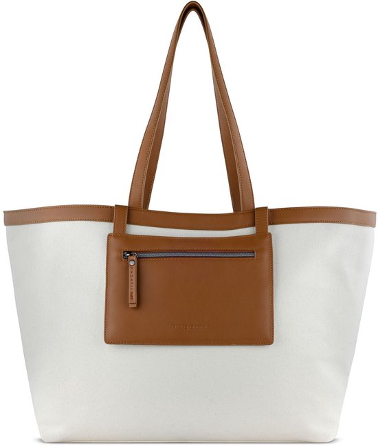 Crème canvas shopper met bruine leren afwerking, handvatten en een bruin voorvak met rits.