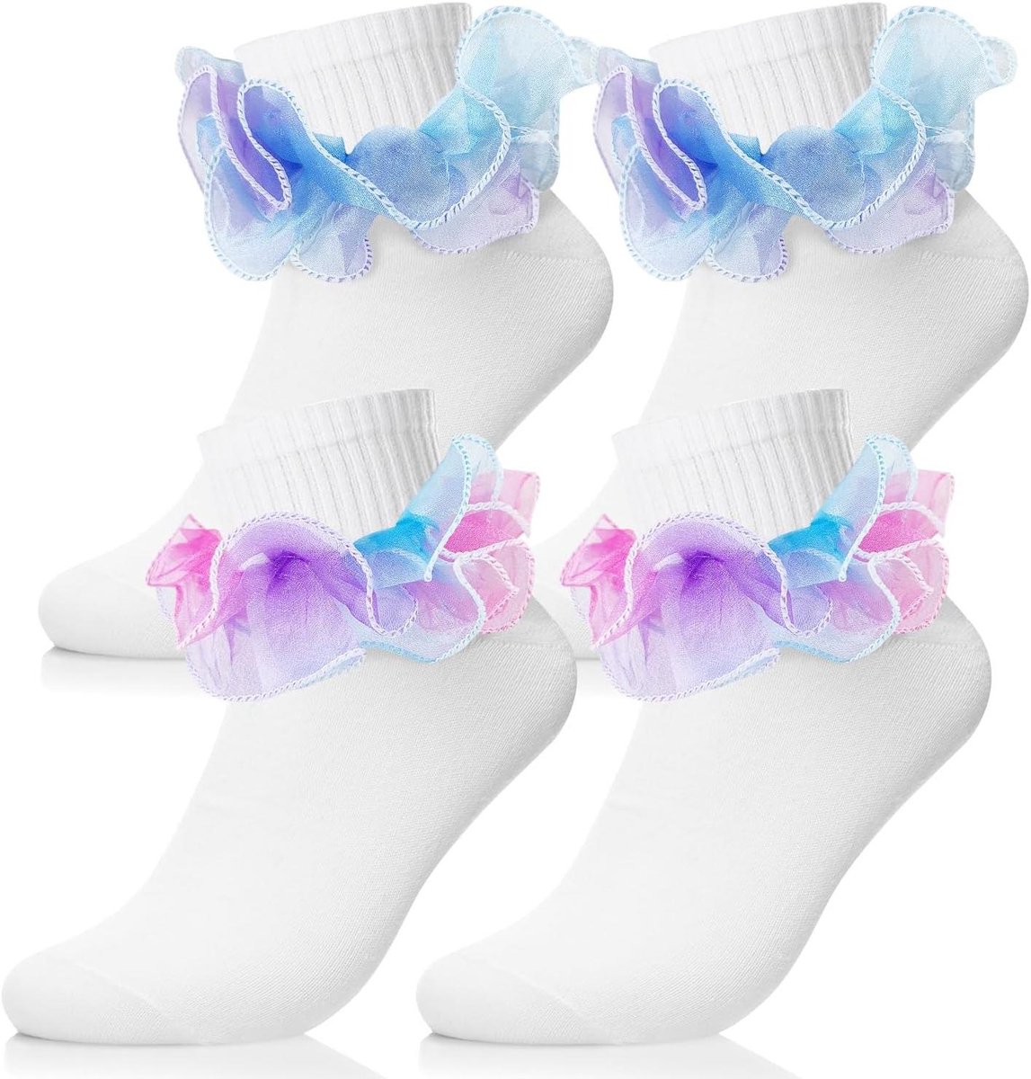 Ronte - Meisjes Sokken Katoen met Kant en Ruffles voor Feestelijke Shows (2 Paar, Regenboog, Maat 4-6 jaar)