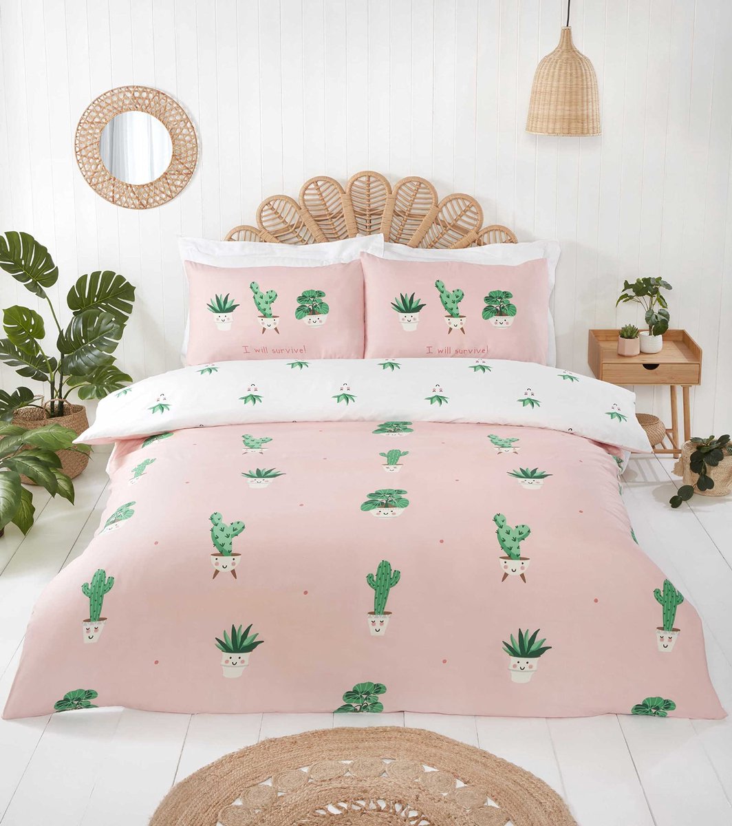 Ibenzoa Roze microvezel dekbedovertrekset met omkeerbare cactusprint voor