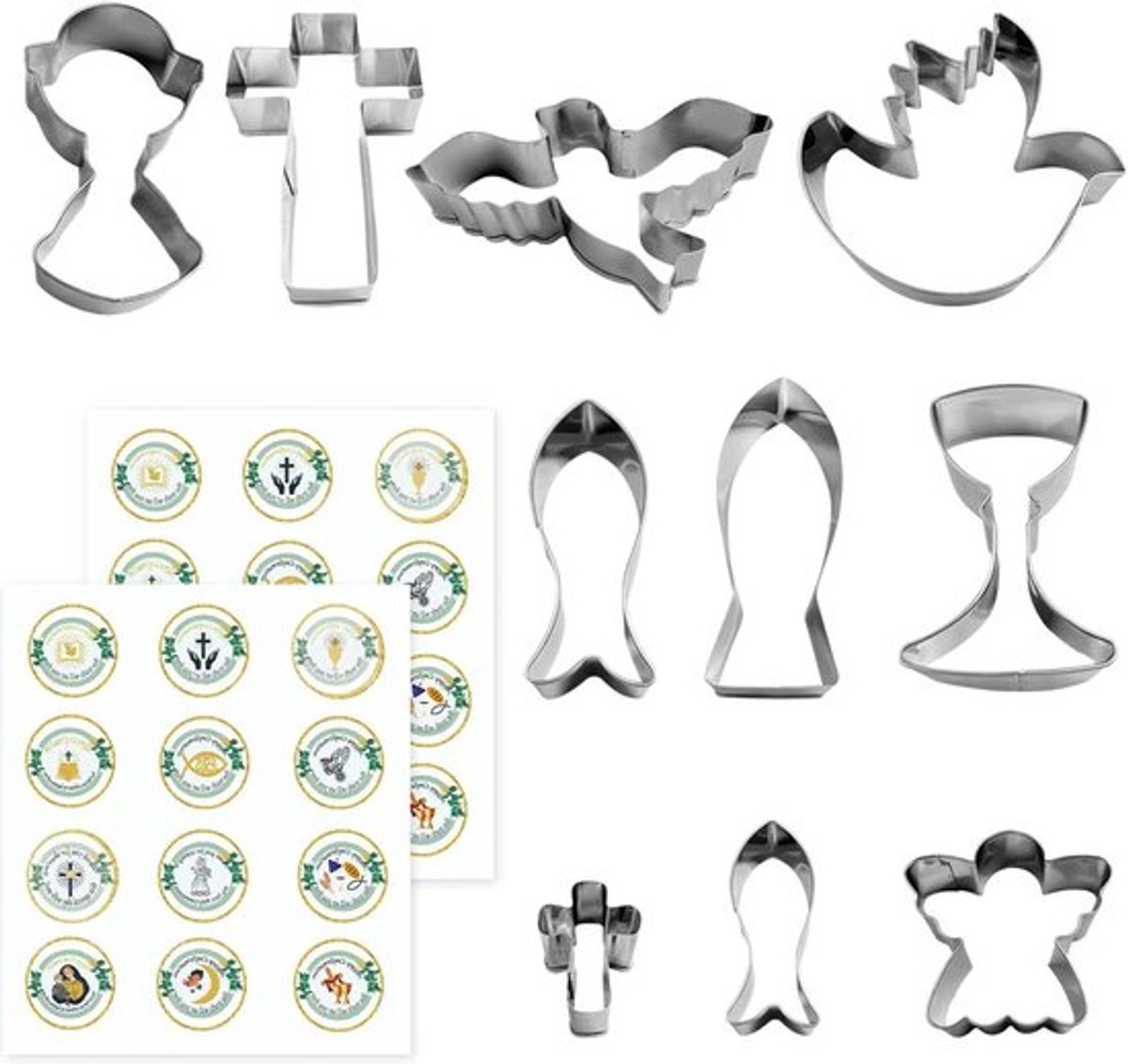 Image of 10 stuks communievormen en 24 stuks stickers koekjesvormen bakgerei fondanttaartvormen roestvrijstalen snijvormen geschikt voor christelijke communie doop