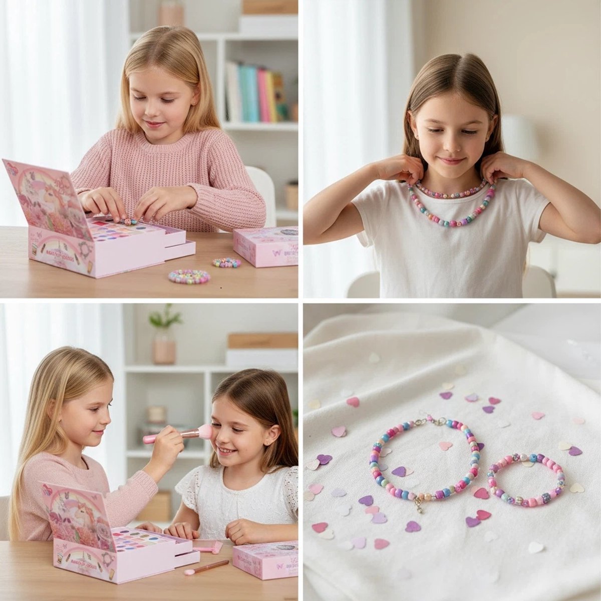Make up meisje - 3-in-1 Kinder Make-up Set & DIY Kralen Juwelendoos-Make up Doos Meisjes - Inclusief DIY Sieraden Kralen & Kwasten – Afwasbare Kinder Make-up Cadeauset met Spiegel & Opbergkoffer — afbeelding 5