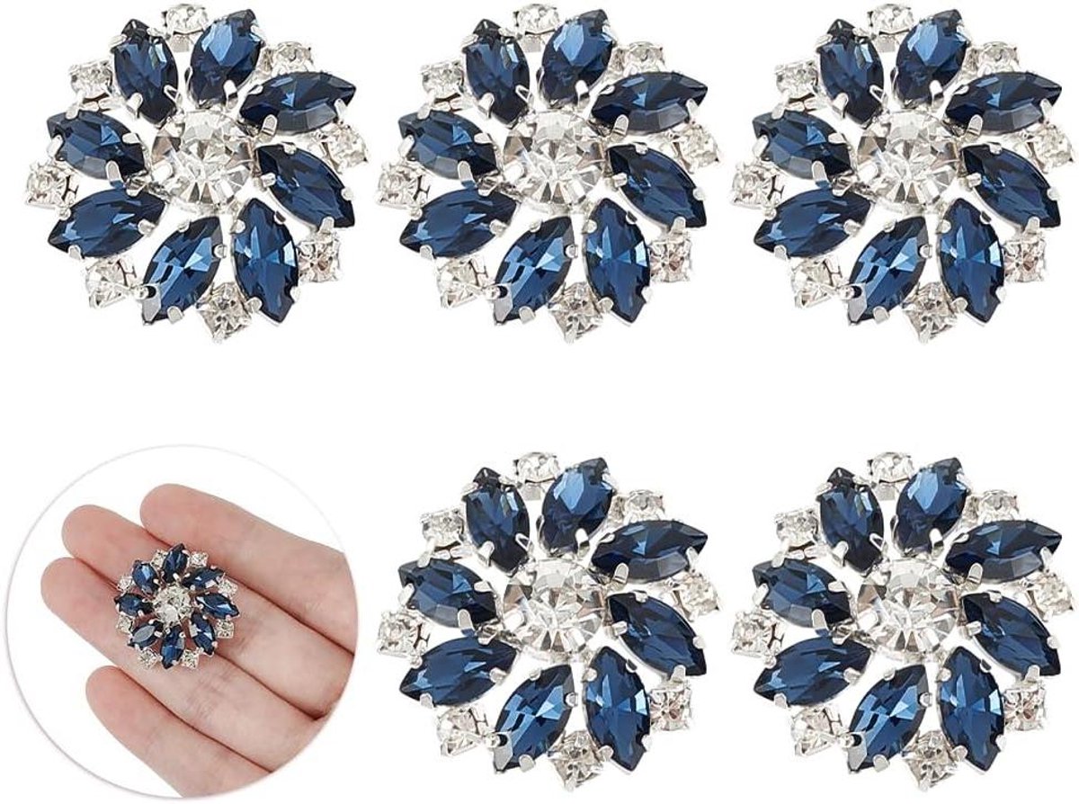 Ronte - Naai Knopen in Montana Blauw - Set van 6 - 26,5 mm - Bloem Design met Strass - Platte Achterkant - Mode Accessoires voor Naaien en Ambachten