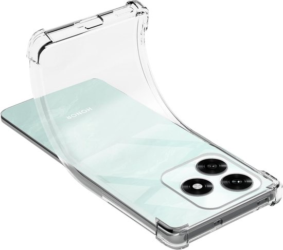Een transparant telefoonhoesje wordt om een telefoon met een lichtgroene marmerprint geschoven.