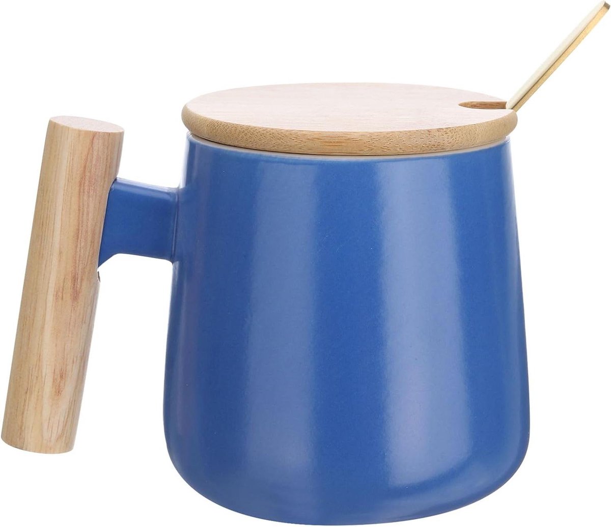 Ronte - Keramische Koffiemok 30 ml met Houten Handvat, Grote Handgemaakte Theekop met Deksel en Lepel, Blauw - Kantoor, Keuken, Thuis - Geschenken