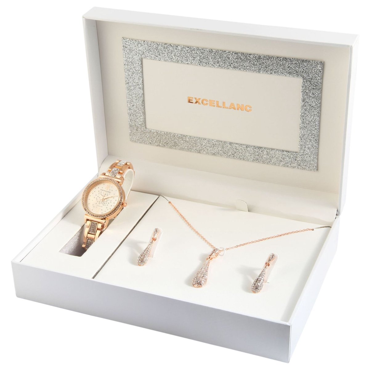 Excellanc dameshorloge geschenkset rosé-goudkleurig cadeauset horloge, ketting, oorbellen kerstcadeau
