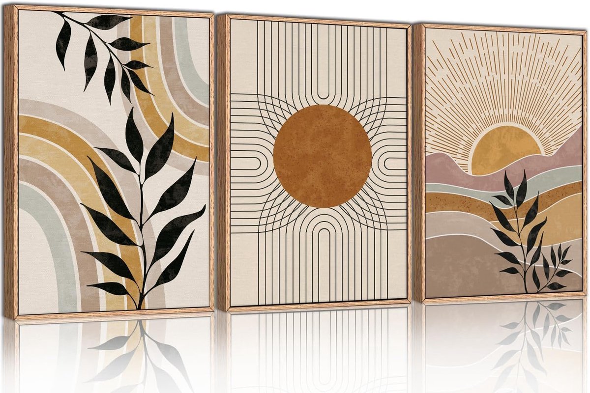 Unyqoos Set van drie boho canvasprints voor stijlvolle wanddecoratie in huis of kantoor beige