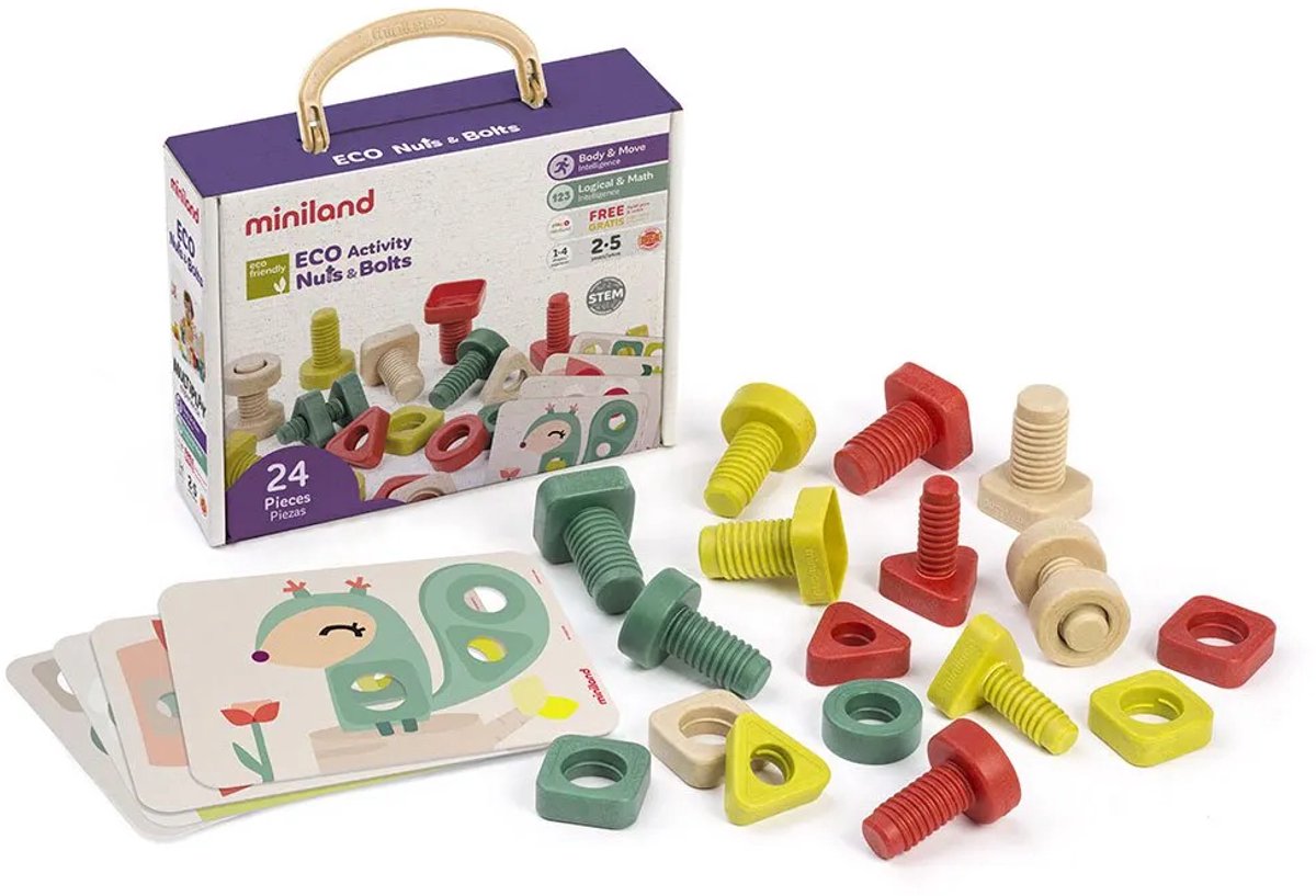 MINILAND Bouten En Moeren - 23X19X8Cm - 24 Delen - Met 4 Voorbeeldkaarten - 2 Jaar