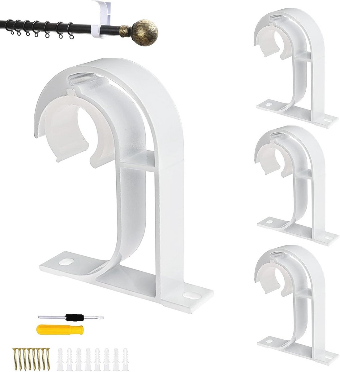 Aluminium Gordijnroedehouders - 4 Stuks, Met Schroevendraaier, Voor Gordijnroedes van 26-32 mm, Wit