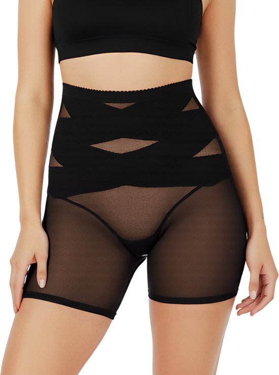 Zwarte shapewear shorts met gedetailleerde tailleband en transparante pijpen.