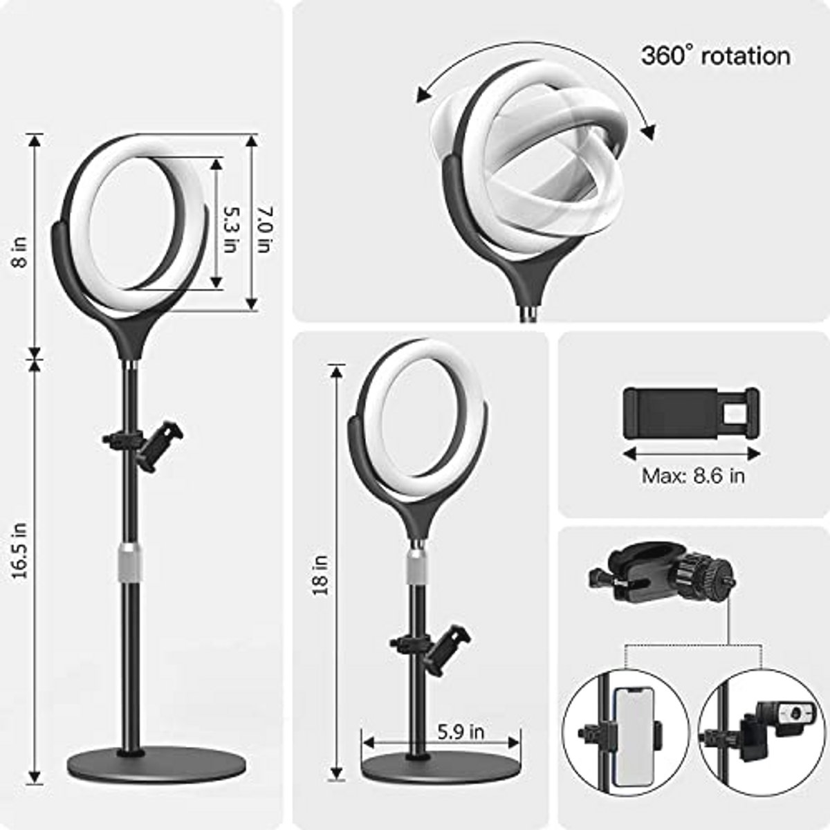 Ringlamp met Statief voor Videoconferenties - 20,4 cm, 3 Lichtkleuren, 10 Helderheidsniveaus, 360 Graden Draaibaar