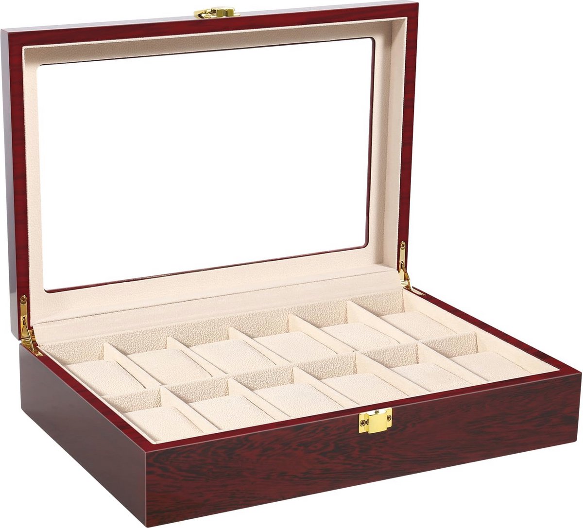 Houten horlogedoos met 12 vakken en glazen deksel