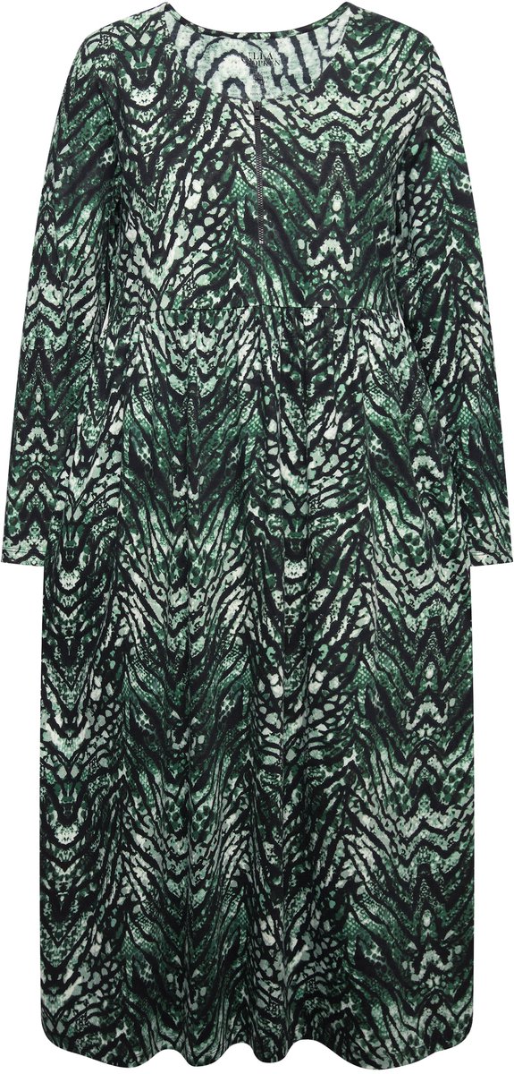 Ulla Popken Dames - Jersey jurk slangenpatroon A-lijn ronde hals lange mouwen - Groen - Maat 66+