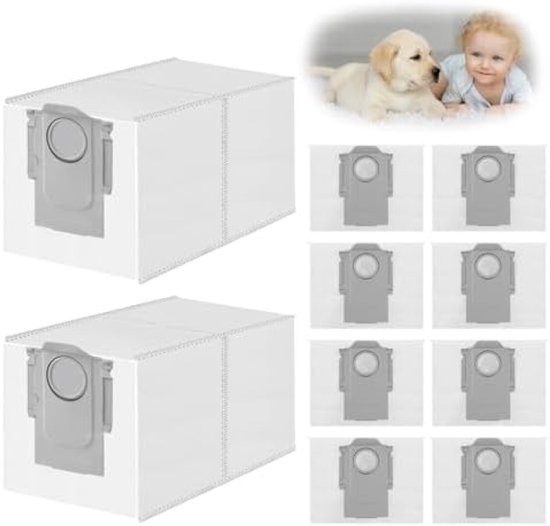 Twee grote witte vuilniszakken met grijze sluiting. Rechts een collage van 8 kleinere afbeeldingen van de zak, en een puppy met baby.