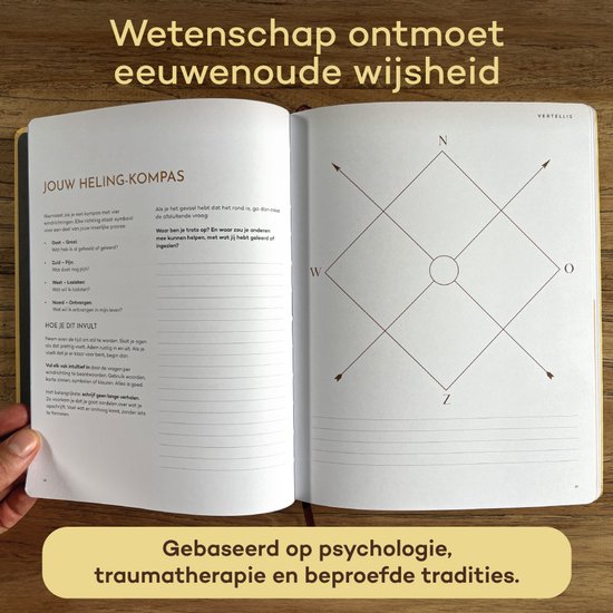 Open Vertellis Heling Journal met een gele kompas-visualisatie en tekst over wetenschap en wijsheid.