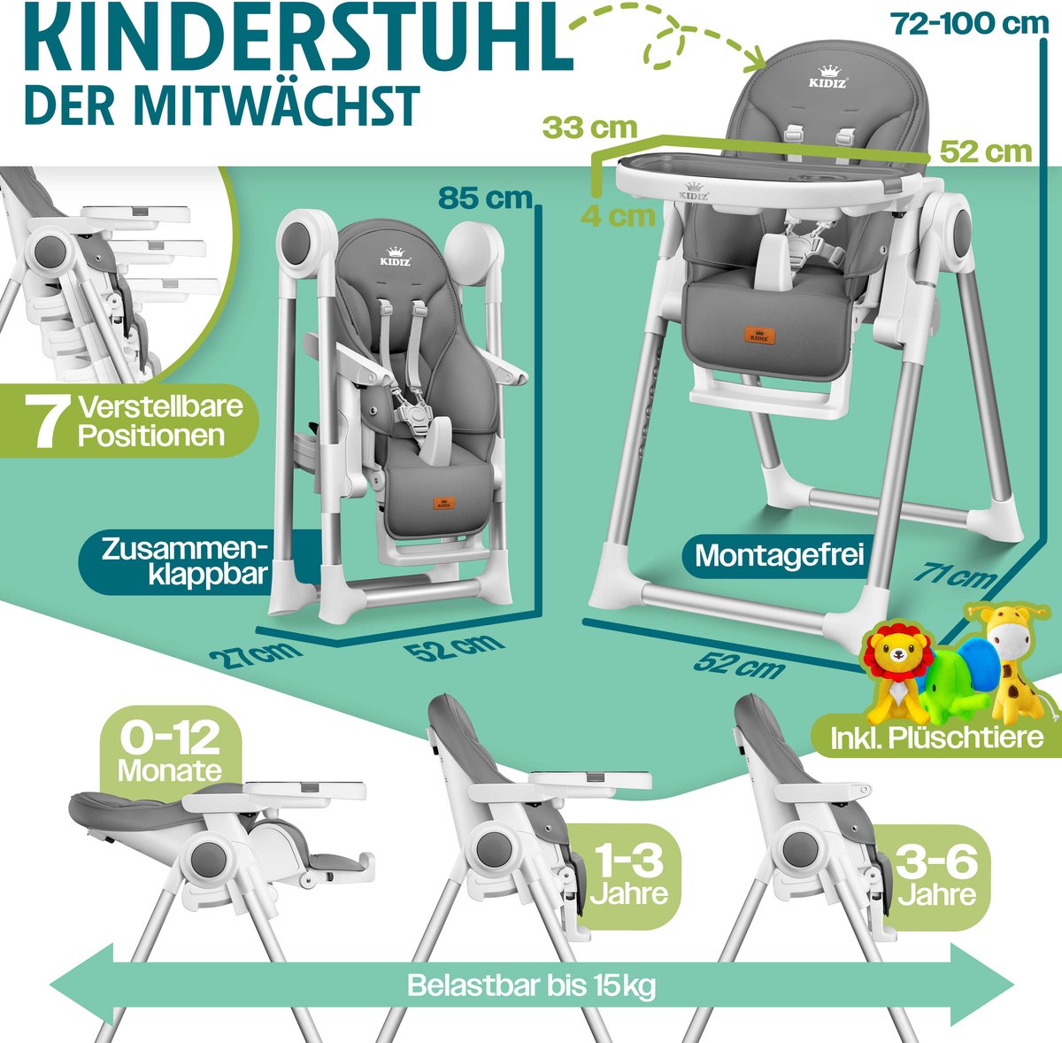 KIDIZ 3in1 kinderstoel: babystoel tot kinderstoel tot 6 jaar thumbnail 2