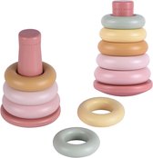 Twee stapelringensets, één hoog en één laag, met losse ringen. Roze met pastelkleuren. Op witte achtergrond.
