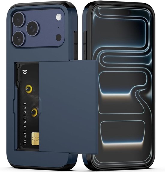 Étui de téléphone bleu foncé avec porte-cartes, face arrière et avant visibles.