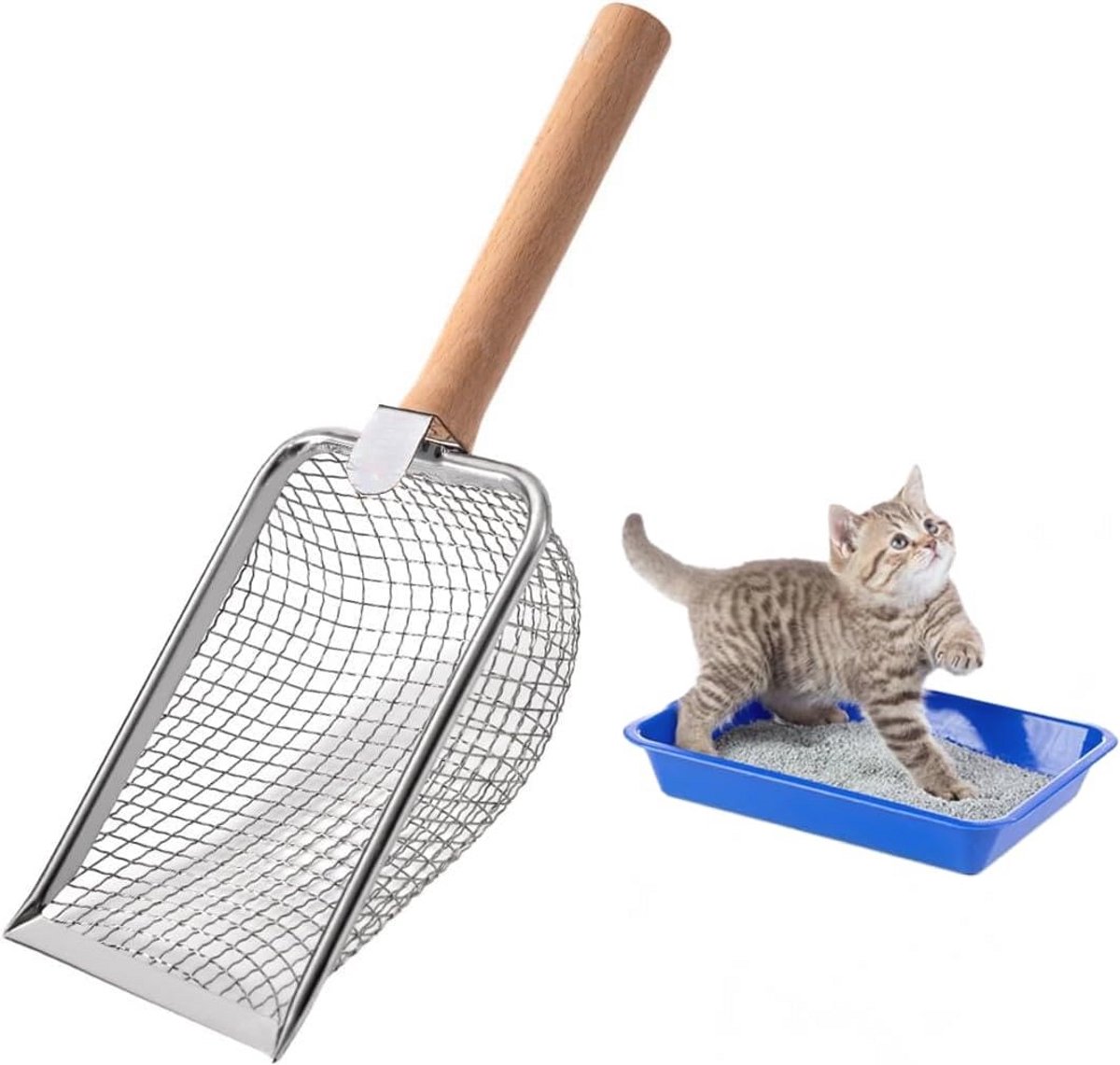 Metalen Kattenbak Schep met Houten Handvat - 3.8mm Pore Size