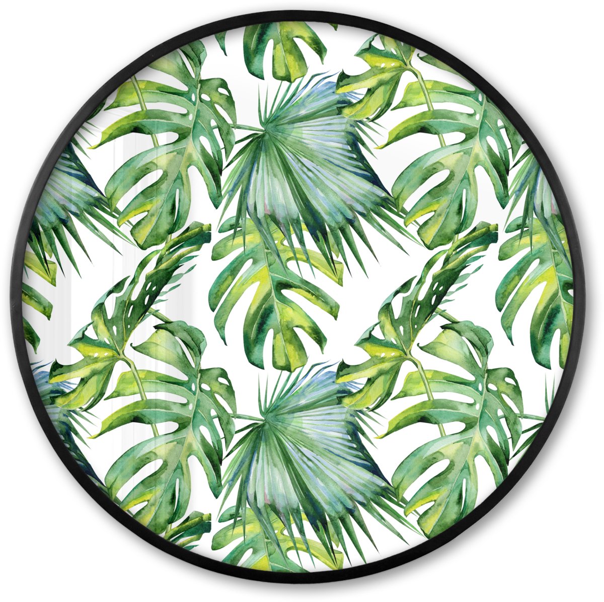 FrameYourWall Poster in lijst Rond - Fotolijst 60x60 cm - Posters - Bohemian - Bladeren - Bloemen - Tropisch - Ronde posterlijst zwart - Decoratie - Wanddecoratie woonkamer - Muurdecoratie slaapkamer Multicolor