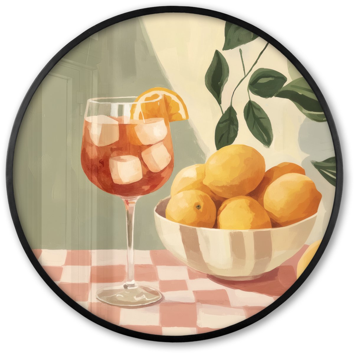 FrameYourWall Poster in lijst Rond - Fotolijst 60x60 cm - Posters - Citroenen - Glas - Tafelkleed - Geblokt - Ronde posterlijst zwart - Decoratie - Wanddecoratie woonkamer - Muurdecoratie slaapkamer