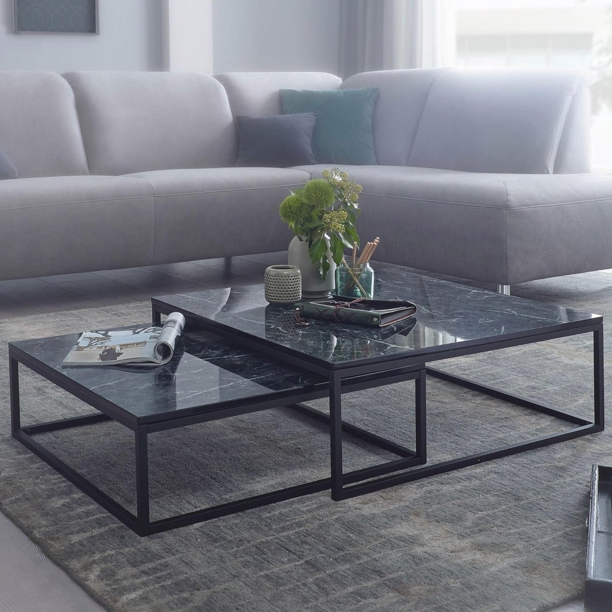 Moderne Salontafels Set van 2 met Zwart Marmeren Look en Metalen Frame