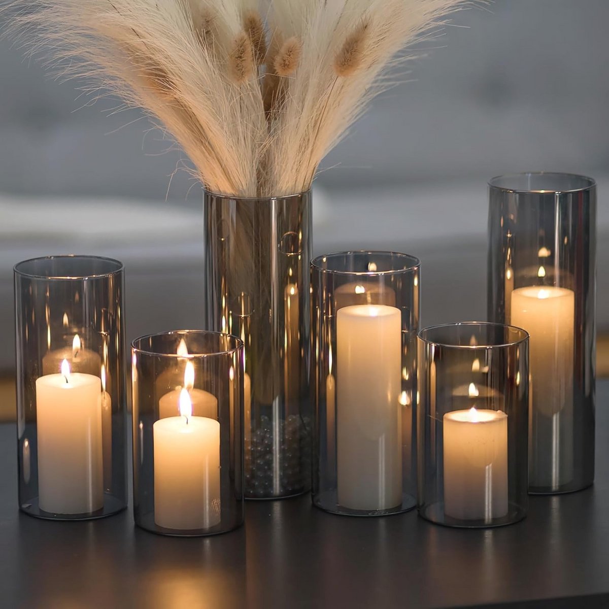 Set van 6 Grijs Zwarte Kaarshouders voor Pilaar Kaarsen - Elegante Decoratie voor Woonkamer