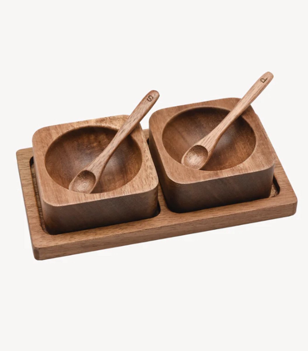 Zoha Acaciahouten Kruidenset – Checkered Set – Zout & Peper Schaaltjes met Lepels – Handgemaakt – 16 cm